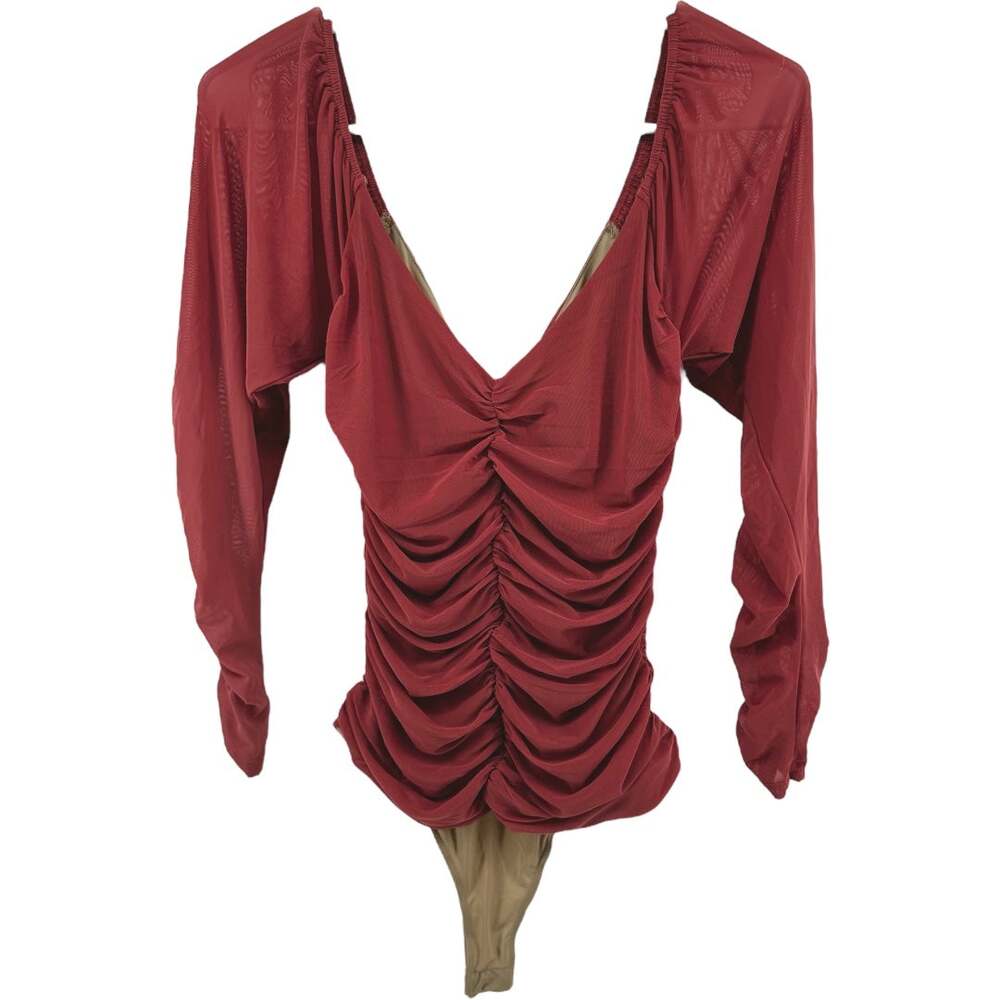 ASTR The Label Blouse Bodysuit Ruched Deep V Neck Mesh Stretch Pink Medium
